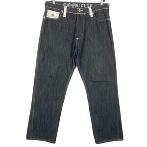 Vintage Y2K COOGI LUXE Jeans Men 38x34 Blue Dark-Wash Wide Baggy Logo-Embroidery